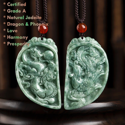 Grade A Jadeite Dragon & Phoenix Couple Necklace – Two Half Hearts Forming One