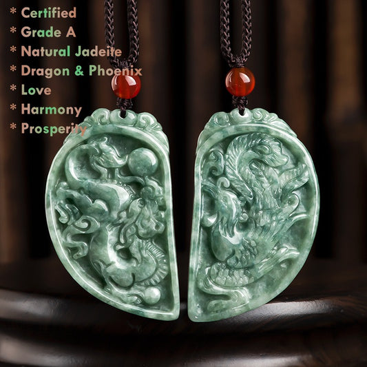 Grade A Jadeite Dragon & Phoenix Couple Necklace – Two Half Hearts Forming One