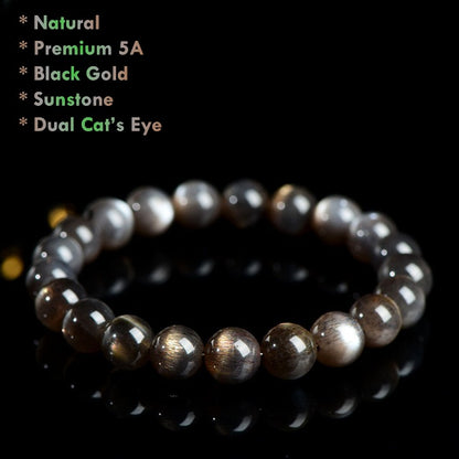 Premium 5A black gold sunstone bracelet dual light cat’s eye beads