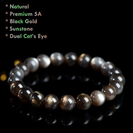 Premium 5A black gold sunstone bracelet dual light cat’s eye beads