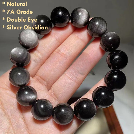 Natural 7A Grade Double Eye Silver Black Obsidian Bracelet – Rare Protection Crystal Jewelry