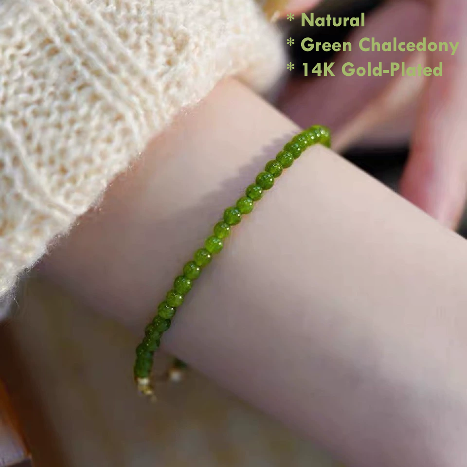 14K Gold-Plated Green Chalcedony Bracelet for Women – natural gemstone close-up