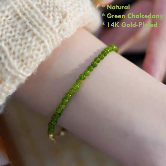 Handmade green chalcedony gemstone bracelet close-up shot