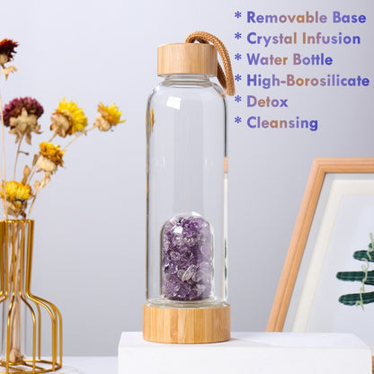 crystal water bottle borosilicate glass bamboo lid removable gem base