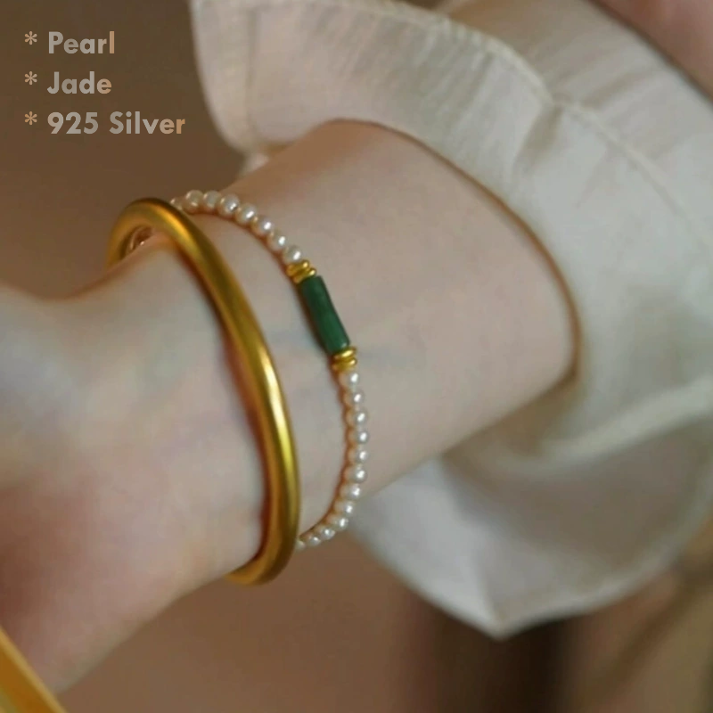 Natural Jade & Pearl Bracelet – 925 Sterling Silver Beads