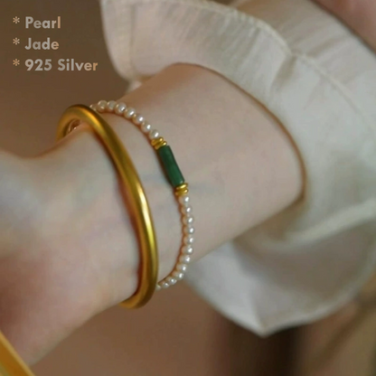 Natural Jade & Pearl Bracelet – 925 Sterling Silver Beads