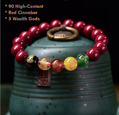 High-content red cinnabar wealth bracelet with five gods charms