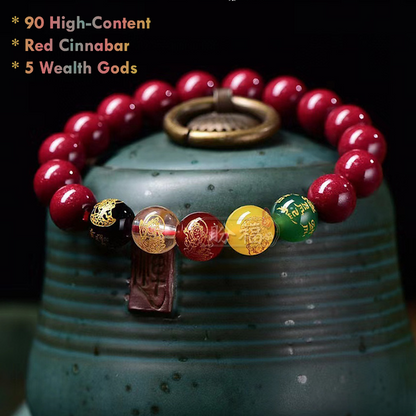 Natural red cinnabar beads bracelet with wealth gods charms