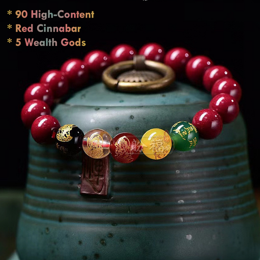 Natural red cinnabar beads bracelet with wealth gods charms