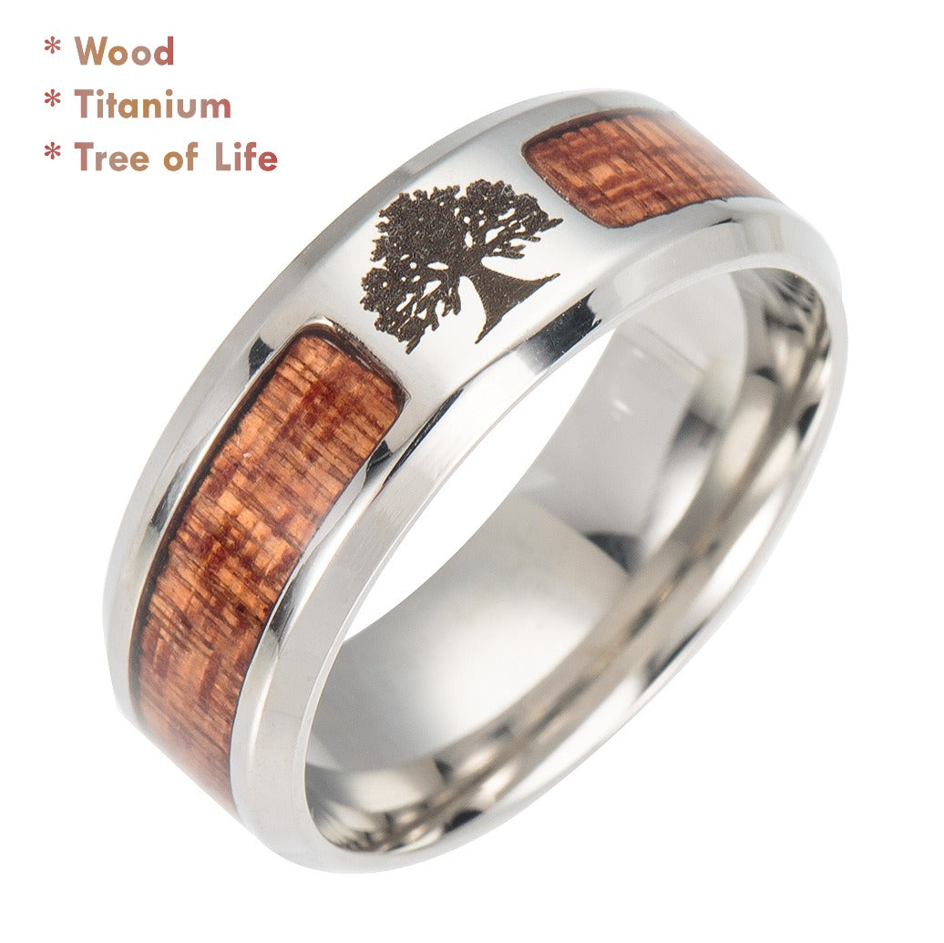 Wood Titanium Tree of Life Ring – Growth & Strength Symbol