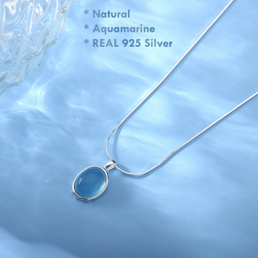 Natural Aquamarine Silver Necklace – 925 sterling silver pendant for elegance and serenity