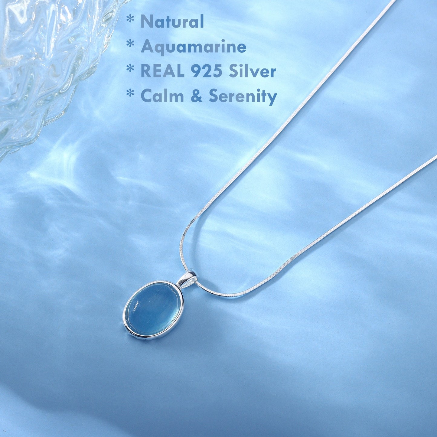 Natural Aquamarine Silver Necklace – 925 sterling silver pendant for elegance and serenity