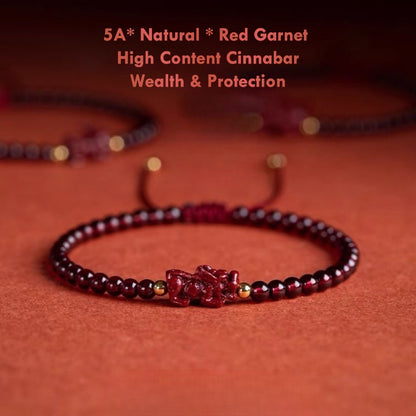 High-Content Cinnabar Pixiu & Natural 5A Red Garnet Bracelet – Wealth, Protection & Vitality