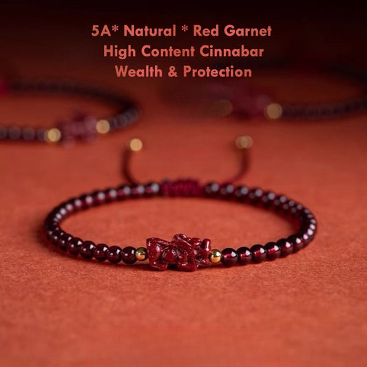 High-Content Cinnabar Pixiu & Natural 5A Red Garnet Bracelet – Wealth, Protection & Vitality