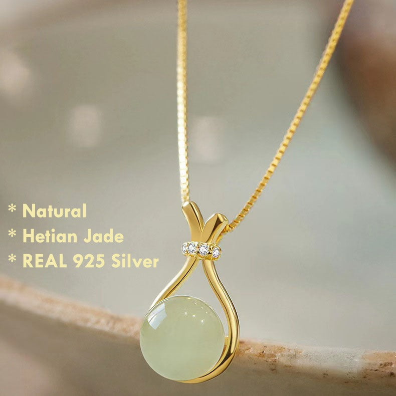 925 Silver Hetian Jade Lucky Bag Necklace for Prosperity & Good Luck