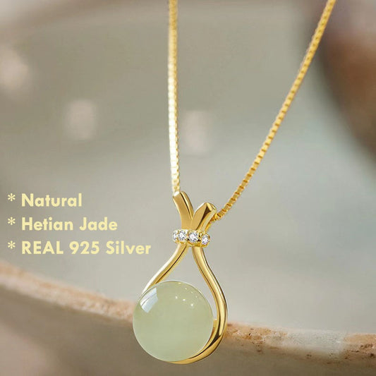 925 Silver Hetian Jade Lucky Bag Necklace for Prosperity & Good Luck