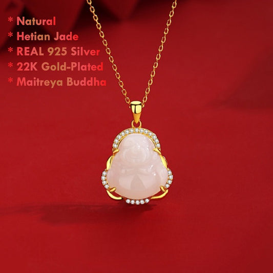 natural hetian jade maitreya buddha necklace 22k gold plated sterling silver