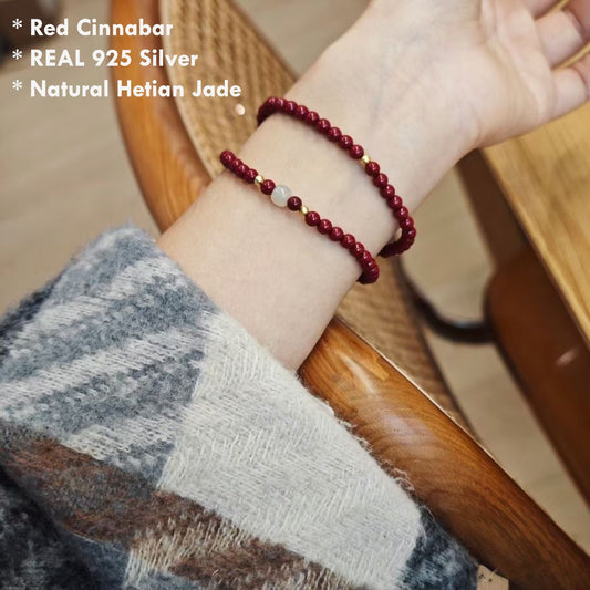 4mm cinnabar bead bracelet with silver and Hetian jade