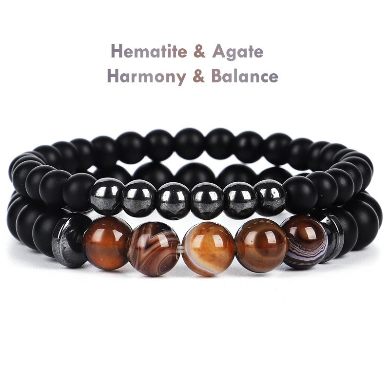 Men’s Hematite & Agate Bracelet Set Natural Stone Grounding Style