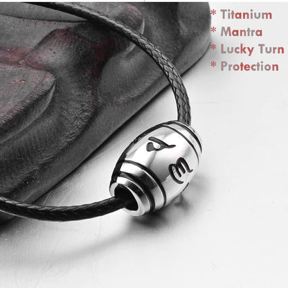 Tibetan Buddhist Mani Mantra Necklace – Titanium Prayer Wheel Pendant for Men
