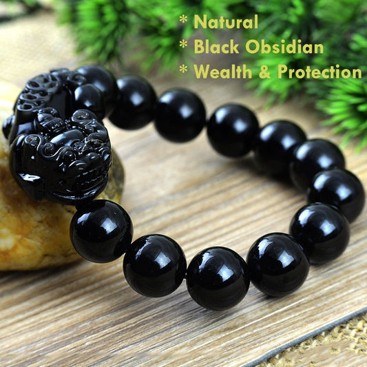 Natural Black Obsidian Pixiu Bracelet – Feng Shui Wealth & Protection