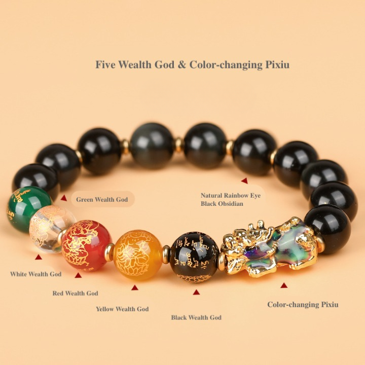 Feng Shui Five Wealth Gods Pixiu Bracelet – Rainbow Eye Black Obsidian
