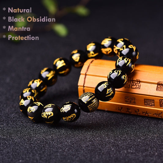 Natural Black Obsidian Mantra Bracelet – Protection & Healing Jewelry