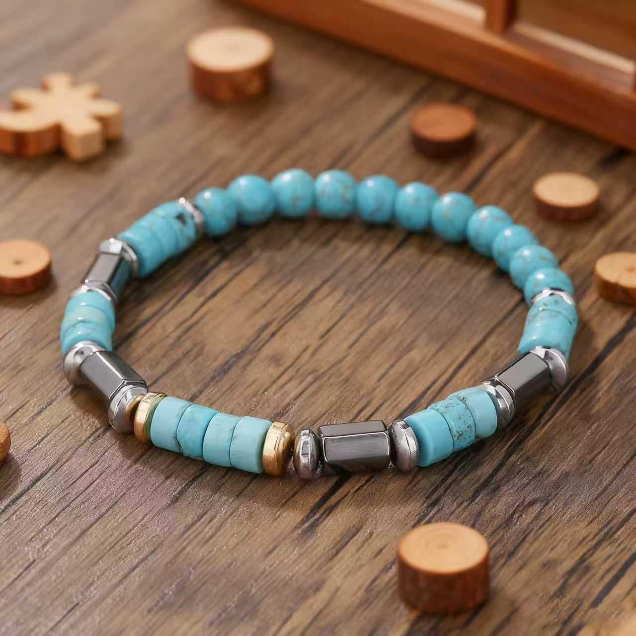 Men’s Hematite & Turquoise Bracelet – Natural Stone Grounding Jewelry