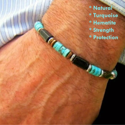 Men’s Hematite & Turquoise Bracelet – Natural Stone Grounding Jewelry