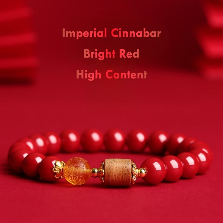 Tibetan Cinnabar & Amber Bead Agarwood Bracelet – Bright Red Imperial Cinnabar