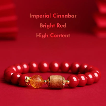 Tibetan Cinnabar & Amber Bead Agarwood Bracelet – Bright Red Imperial Cinnabar