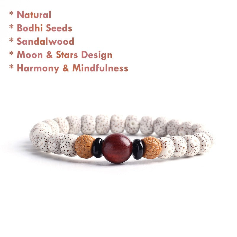 natural white bodhi seed bracelet with star-speckled beads moon and stars design