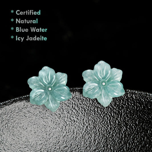 Certified Grade A Blue Water Jadeite Jade Flower Earrings