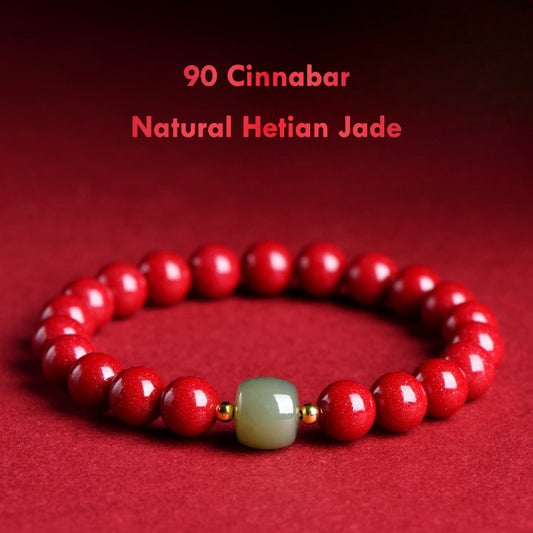 90 Cinnabar Beads with Green Hetian Jade Bracelet – Harmony & Vitality
