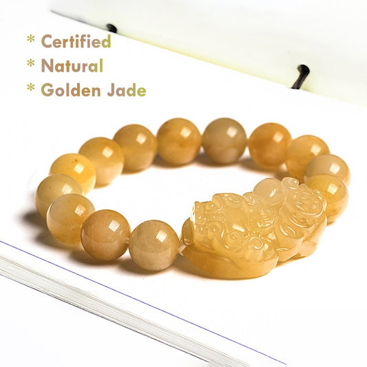 Certified Natural Golden Silk Jade Pixiu Bracelet – Wealth, Prosperity & Protection
