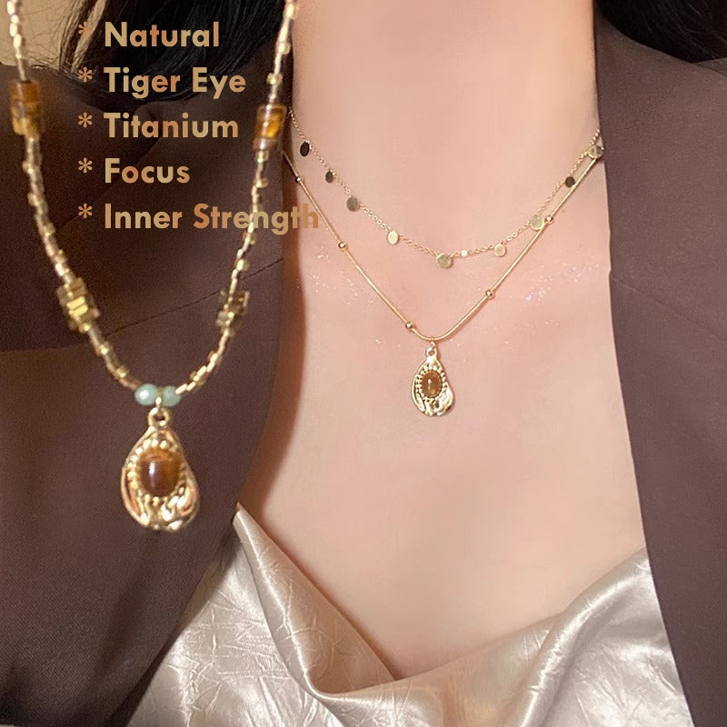 Natural Tiger’s Eye Pendant Necklace on Titanium Chain – modern focus jewelry for women
