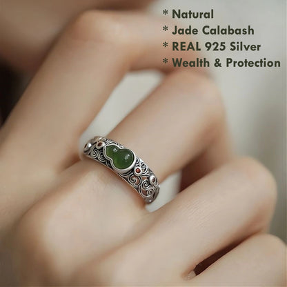 Natural Green Jade Calabash Silver Ring – 925 Sterling Silver Feng Shui Talisman