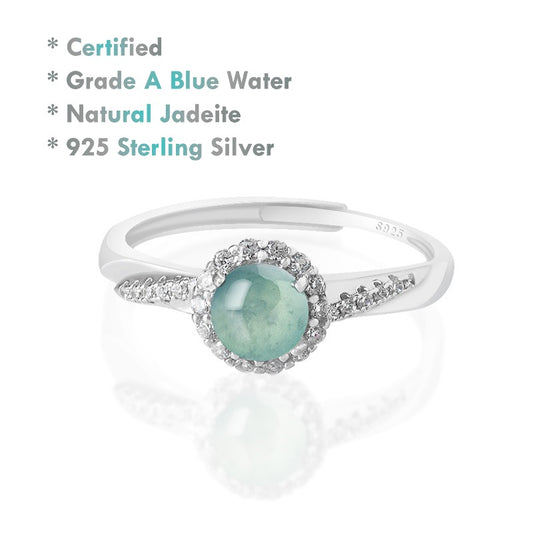 Certified Grade A Blue Water Jadeite Jade Ring with 925 Sterling Silver