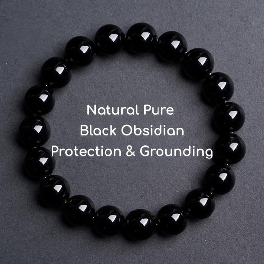 Natural Pure Black Obsidian Bracelet – Protection & Grounding Beads