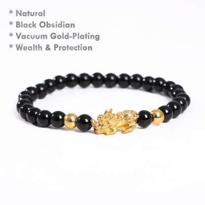 Natural Black Obsidian Pixiu Bracelet with Gold Charm – Feng Shui Wealth Jewelry