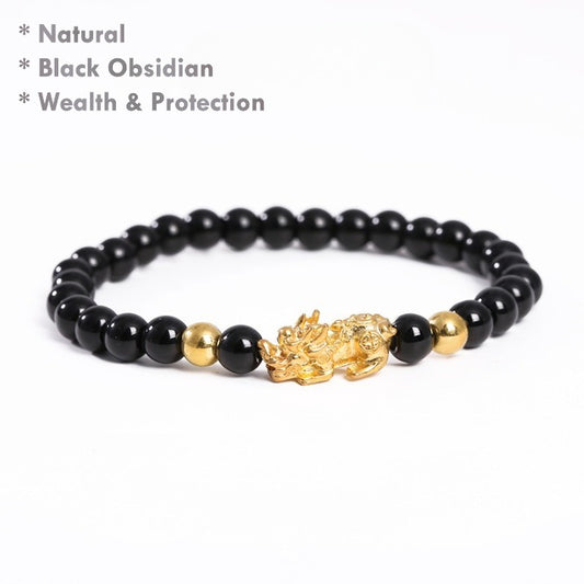 Natural Black Obsidian Pixiu Bracelet – Feng Shui Wealth and Protection