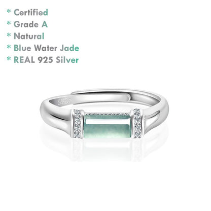 Certified Grade A Blue Water Jadeite Jade Ring – Rectangular jade centerpiece on 925 silver adjustable band
