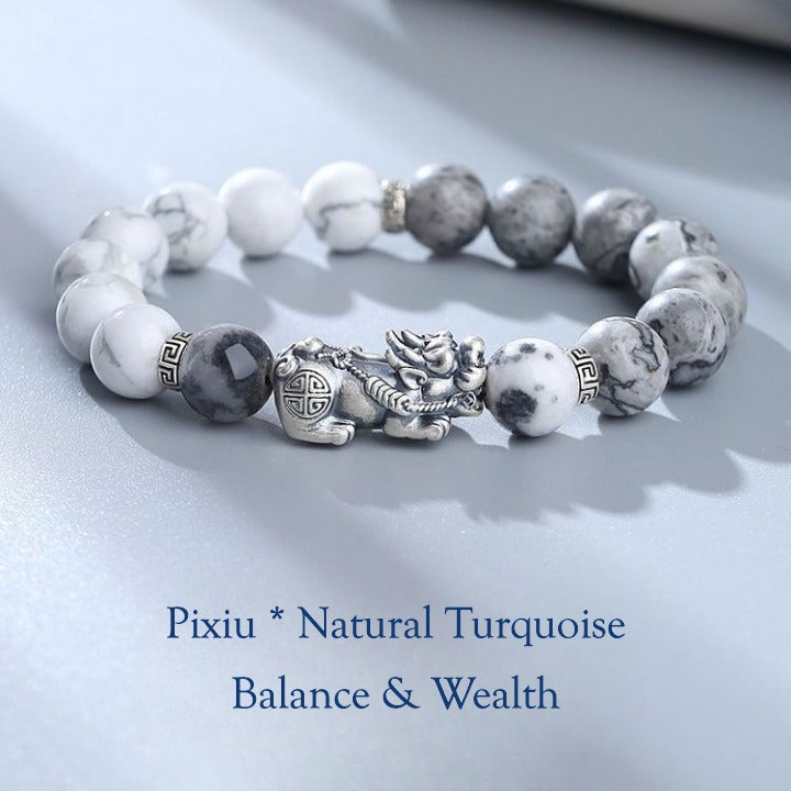 Yin Yang Pixiu Bracelet – Natural White & Grey Turquoise for Balance & Wealth