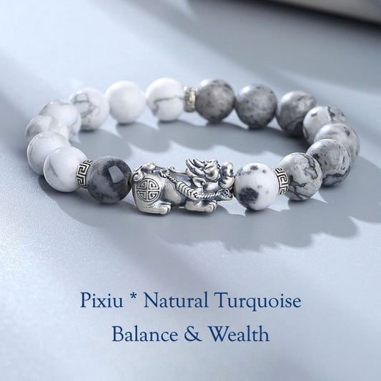 Yin Yang Pixiu Bracelet – Natural White & Grey Turquoise for Balance & Wealth