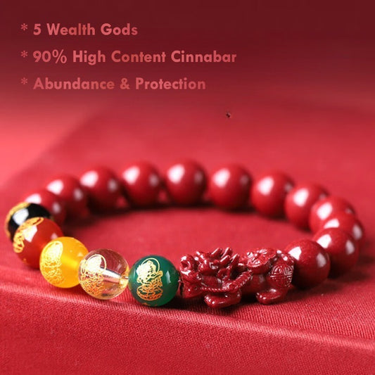 Cinnabar Pixiu Feng Shui Bracelet – Five Wealth Gods, 90% High Content Beads, Abundance & Protection