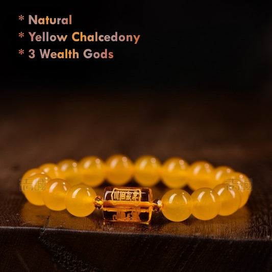 Natural yellow chalcedony Feng Shui bracelet with Three Wealth Gods charm