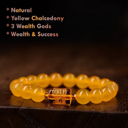 Natural Yellow Chalcedony Feng Shui Bracelet with Three Wealth Gods Bead
