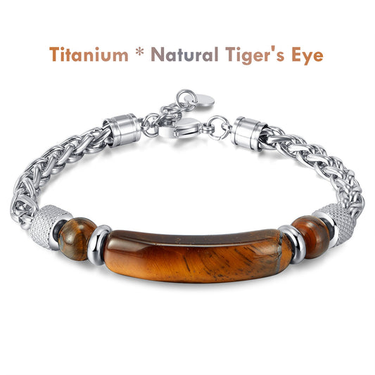 Titanium Tiger’s Eye Bracelet – Natural Stone Men’s Protection Jewelry