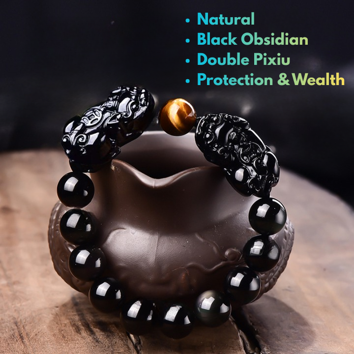 men’s black obsidian pixiu bracelet with double pixiu