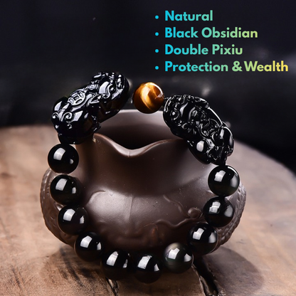 men’s black obsidian pixiu bracelet with double pixiu